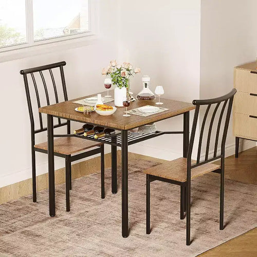 Ensemble de salle à manger rustique 3 pièces - Table carrée et 2 chaises avec porte-bouteilles, petite cuisine