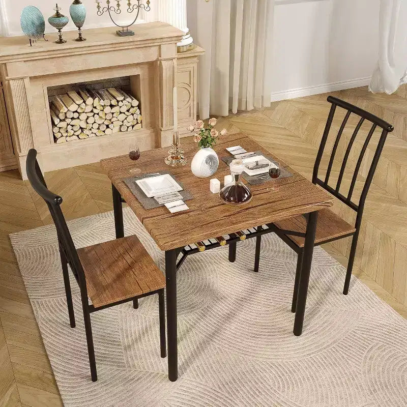 Ensemble de salle à manger rustique 3 pièces - Table carrée et 2 chaises avec porte-bouteilles, petite cuisine