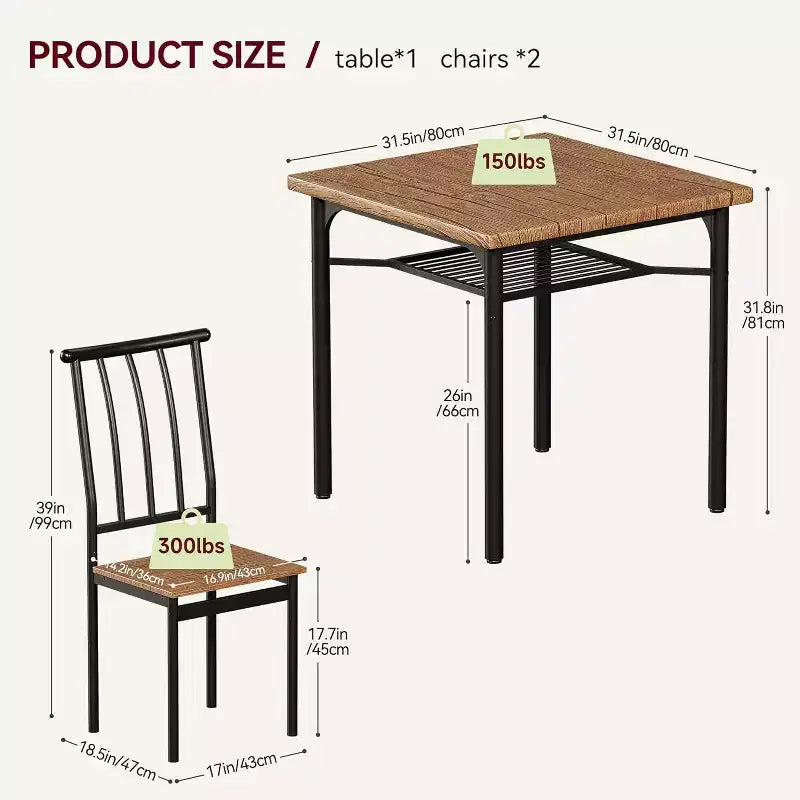 Ensemble de salle à manger rustique 3 pièces - Table carrée et 2 chaises avec porte-bouteilles, petite cuisine