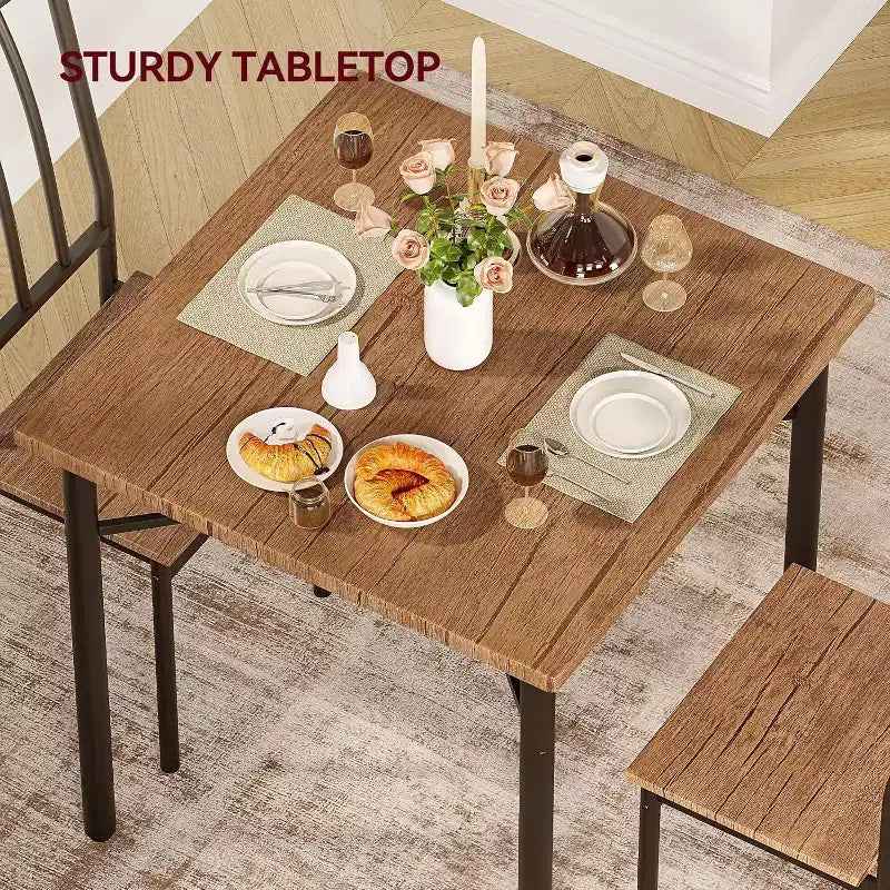 Ensemble de salle à manger rustique 3 pièces - Table carrée et 2 chaises avec porte-bouteilles, petite cuisine