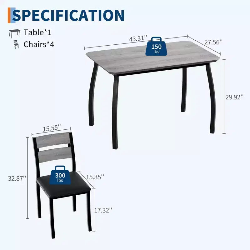 Ensemble table de salle à manger 5 pièces pour 4 personnes, table de cuisine peu encombrante avec chaises rembourrées, design d'angle moderne