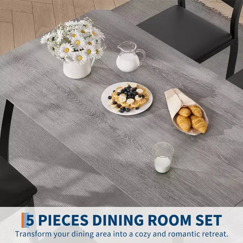 Ensemble table de salle à manger 5 pièces pour 4 personnes, table de cuisine peu encombrante avec chaises rembourrées, design d'angle moderne