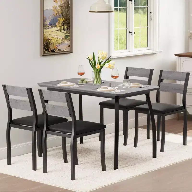 Ensemble table de salle à manger 5 pièces pour 4 personnes, table de cuisine peu encombrante avec chaises rembourrées, design d'angle moderne