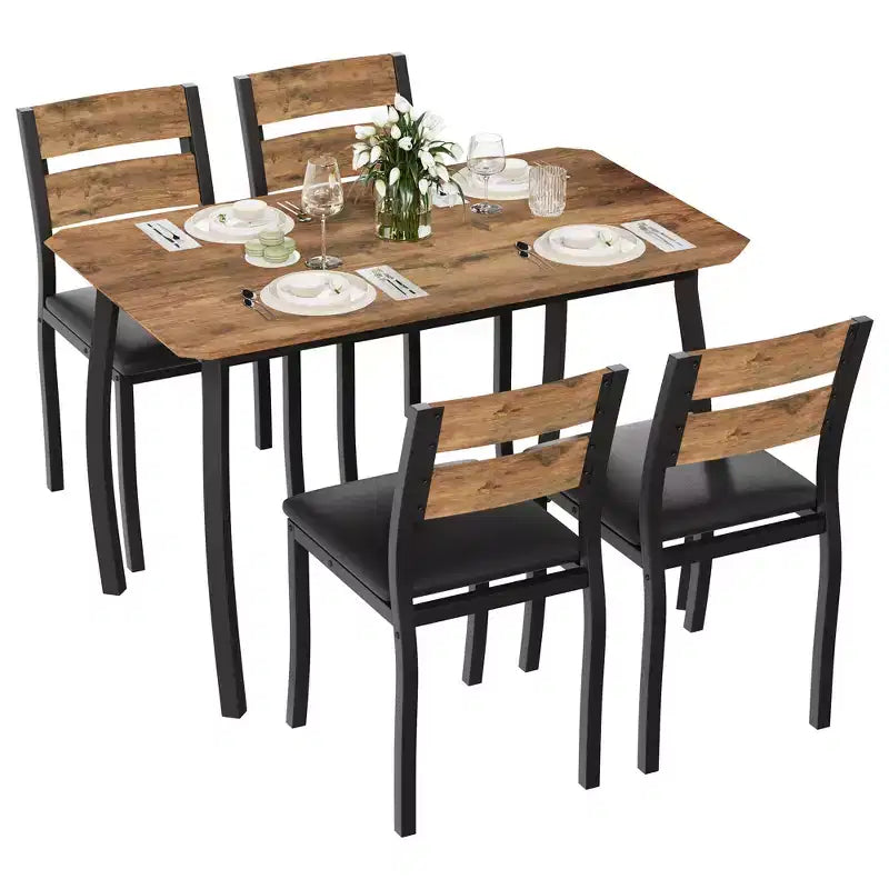 Ensemble table de salle à manger 5 pièces pour 4 personnes, table de cuisine peu encombrante avec chaises rembourrées, design d'angle moderne