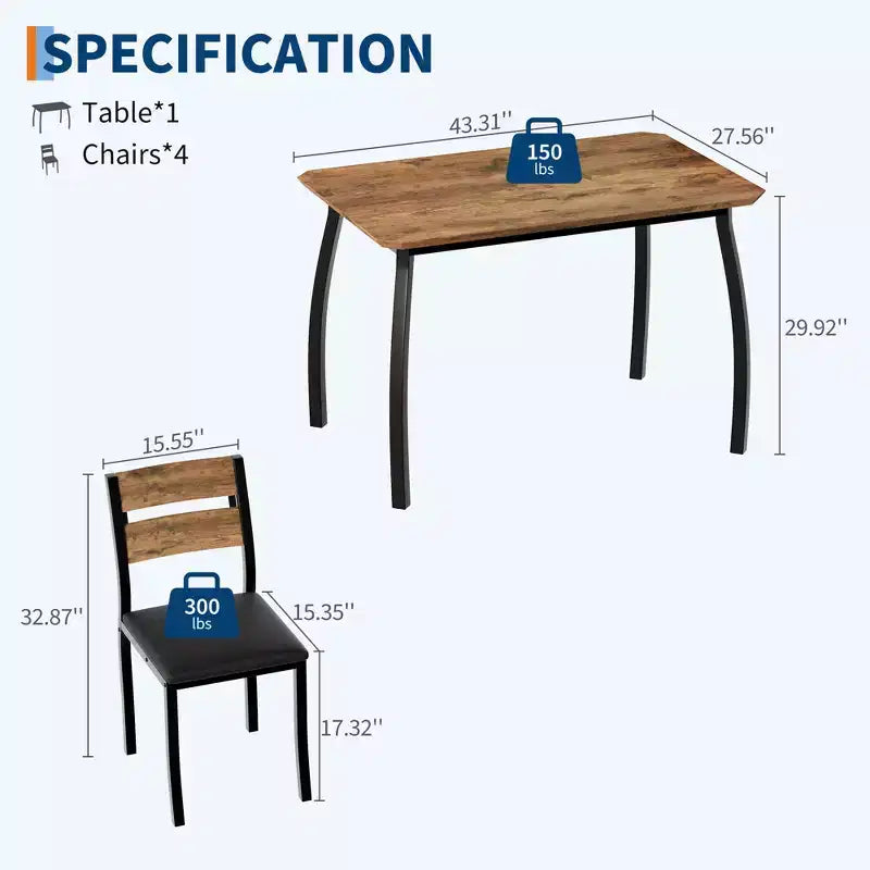 Ensemble table de salle à manger 5 pièces pour 4 personnes, table de cuisine peu encombrante avec chaises rembourrées, design d'angle moderne