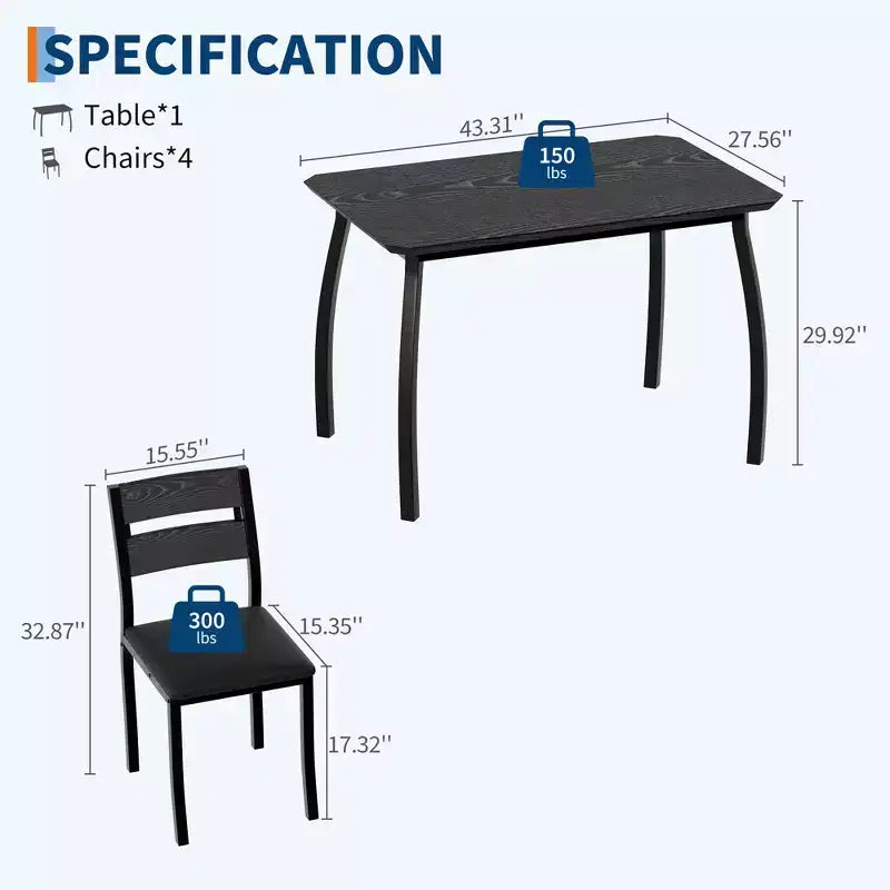 Ensemble table de salle à manger 5 pièces pour 4 personnes, table de cuisine peu encombrante avec chaises rembourrées, design d'angle moderne