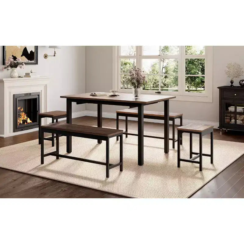 Ensemble de salle à manger extensible 5 pièces, table de cuisine avec 2 chaises et 2 bancs, ensemble de salle à manger pour 4 à 6 personnes, table de petit-déjeuner peu encombrante