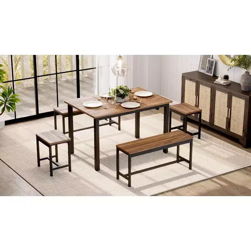 Ensemble de salle à manger extensible 5 pièces, table de cuisine avec 2 chaises et 2 bancs, ensemble de salle à manger pour 4 à 6 personnes, table de petit-déjeuner peu encombrante