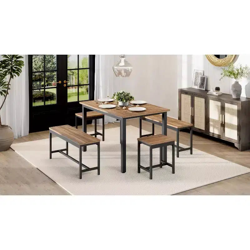Ensemble de salle à manger extensible 5 pièces, table de cuisine avec 2 chaises et 2 bancs, ensemble de salle à manger pour 4 à 6 personnes, table de petit-déjeuner peu encombrante