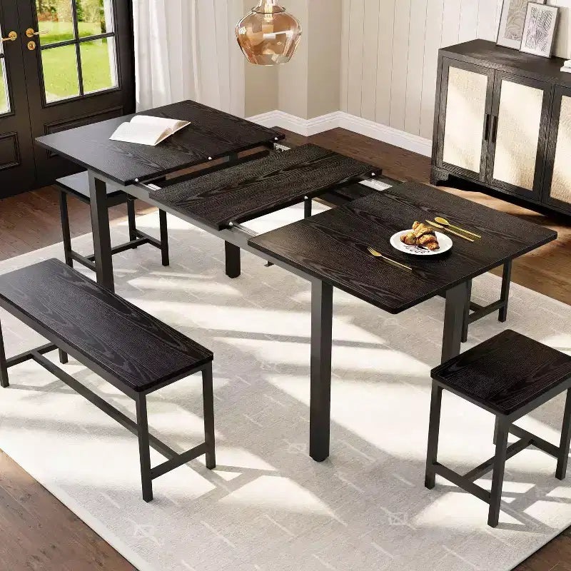 Ensemble de salle à manger extensible 5 pièces, table de cuisine avec 2 chaises et 2 bancs, ensemble de salle à manger pour 4 à 6 personnes, table de petit-déjeuner peu encombrante