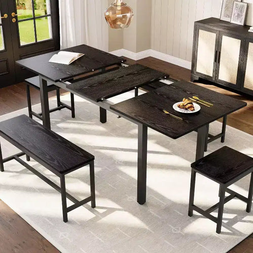 Ensemble de salle à manger extensible 5 pièces, table de cuisine avec 2 chaises et 2 bancs, ensemble de salle à manger pour 4 à 6 personnes, table de petit-déjeuner peu encombrante