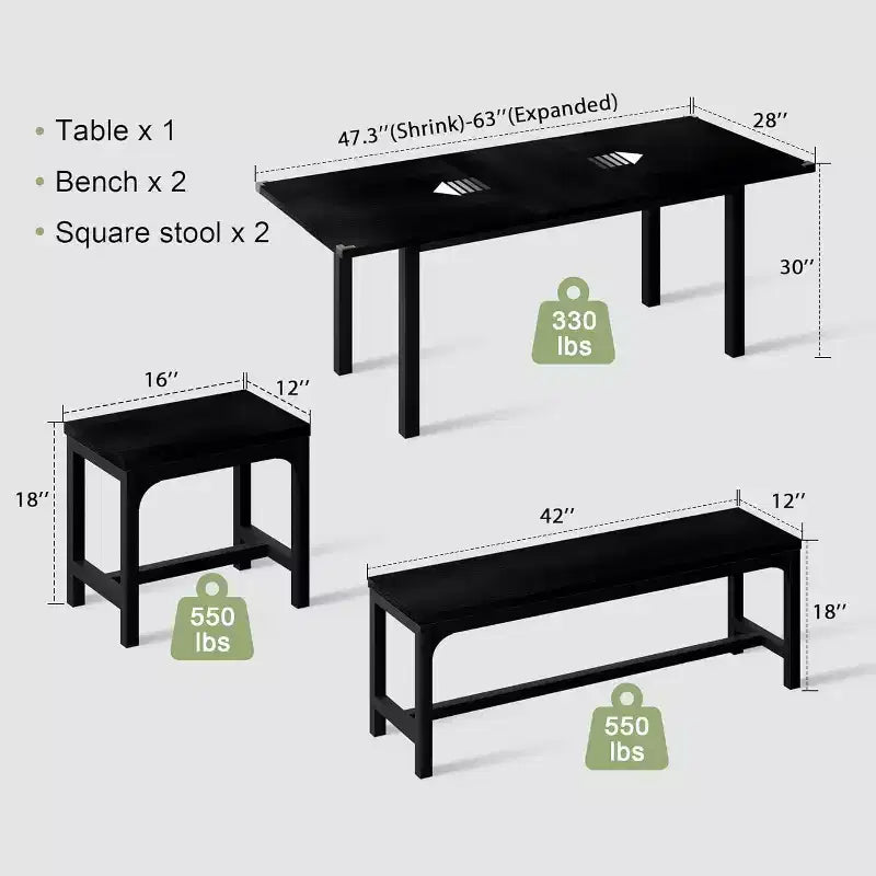 Ensemble de salle à manger extensible 5 pièces, table de cuisine avec 2 chaises et 2 bancs, ensemble de salle à manger pour 4 à 6 personnes, table de petit-déjeuner peu encombrante