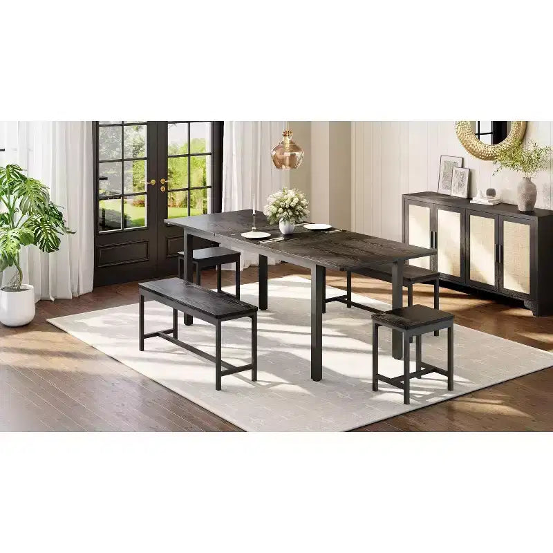 Ensemble de salle à manger extensible 5 pièces, table de cuisine avec 2 chaises et 2 bancs, ensemble de salle à manger pour 4 à 6 personnes, table de petit-déjeuner peu encombrante