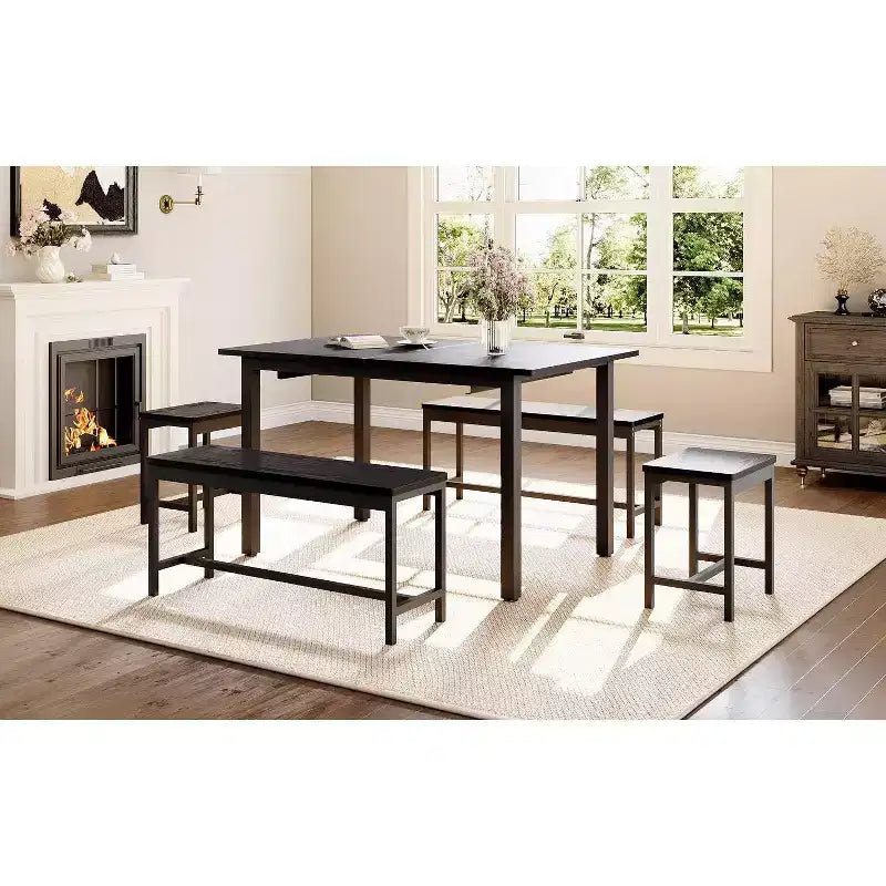 Ensemble de salle à manger extensible 5 pièces, table de cuisine avec 2 chaises et 2 bancs, ensemble de salle à manger pour 4 à 6 personnes, table de petit-déjeuner peu encombrante