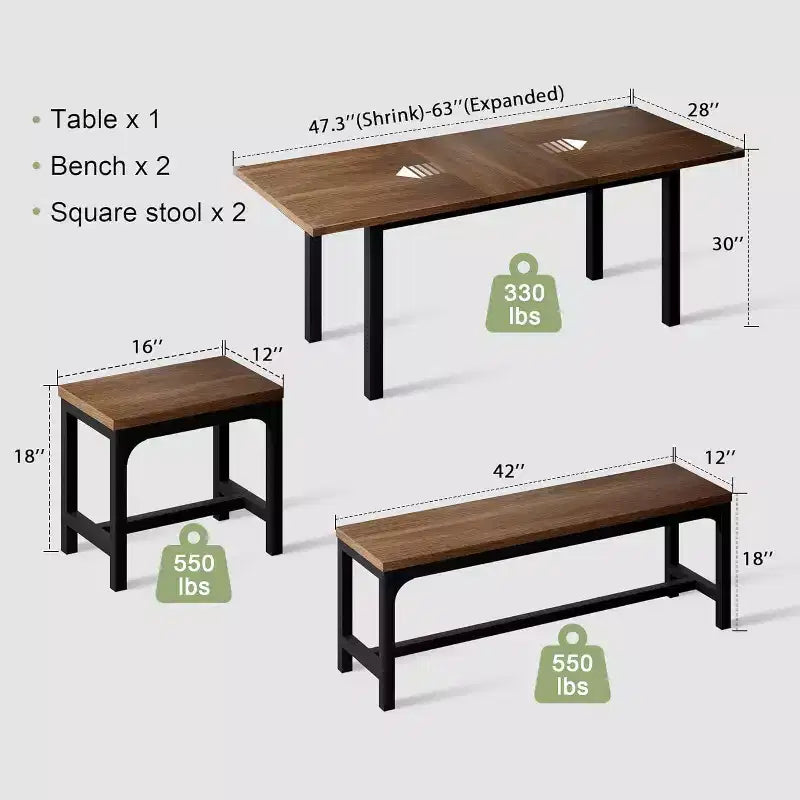 Ensemble de salle à manger extensible 5 pièces, table de cuisine avec 2 chaises et 2 bancs, ensemble de salle à manger pour 4 à 6 personnes, table de petit-déjeuner peu encombrante