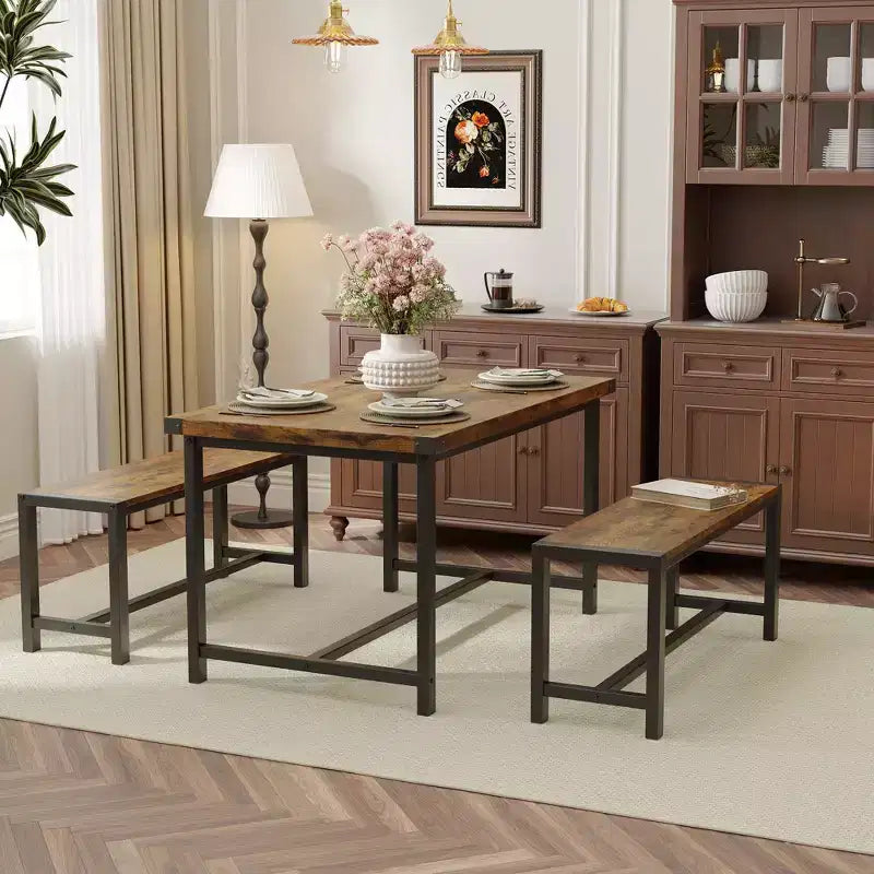 Ensemble de table à manger pour 4 personnes, table de cuisine avec bancs, ensemble de table à manger rectangulaire avec 2 bancs en métal et bois, pour petits espaces, appartements, studios