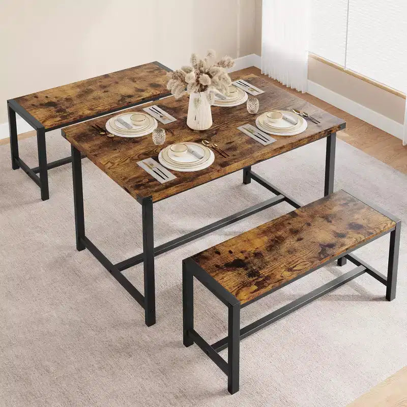 Ensemble de table à manger pour 4 personnes, table de cuisine avec bancs, ensemble de table à manger rectangulaire avec 2 bancs en métal et bois, pour petits espaces, appartements, studios