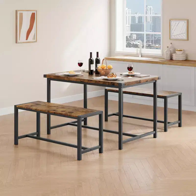Ensemble de table à manger pour 4 personnes, table de cuisine avec bancs, ensemble de table à manger rectangulaire avec 2 bancs en métal et bois, pour petits espaces, appartements, studios