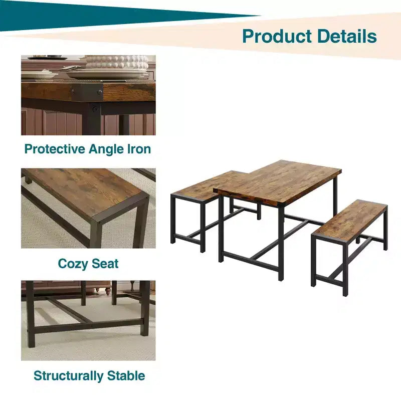 Ensemble de table à manger pour 4 personnes, table de cuisine avec bancs, ensemble de table à manger rectangulaire avec 2 bancs en métal et bois, pour petits espaces, appartements, studios