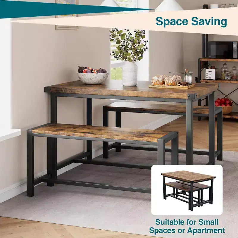 Ensemble de table à manger pour 4 personnes, table de cuisine avec bancs, ensemble de table à manger rectangulaire avec 2 bancs en métal et bois, pour petits espaces, appartements, studios