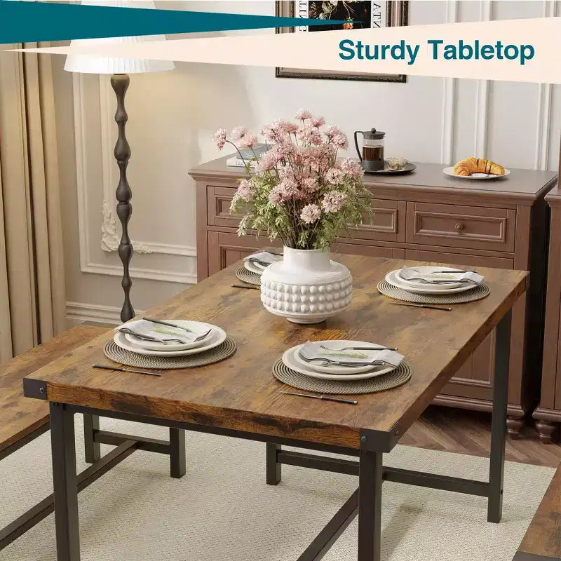 Ensemble de table à manger pour 4 personnes, table de cuisine avec bancs, ensemble de table à manger rectangulaire avec 2 bancs en métal et bois, pour petits espaces, appartements, studios