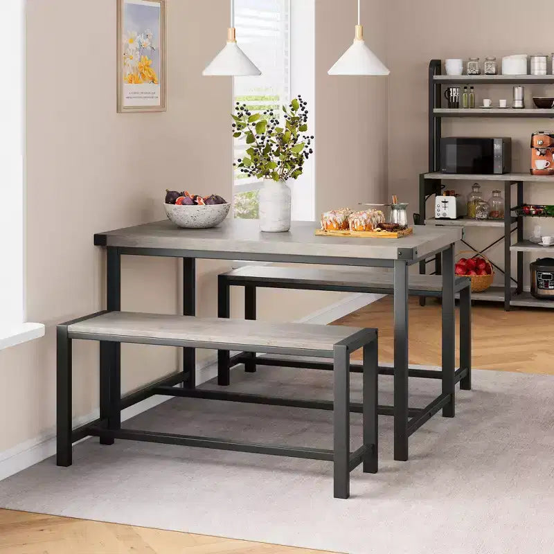 Ensemble de table à manger pour 4 personnes, table de cuisine avec bancs, ensemble de table à manger rectangulaire avec 2 bancs en métal et bois, pour petits espaces, appartements, studios