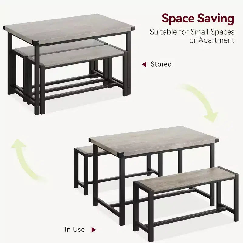 Ensemble de table à manger pour 4 personnes, table de cuisine avec bancs, ensemble de table à manger rectangulaire avec 2 bancs en métal et bois, pour petits espaces, appartements, studios
