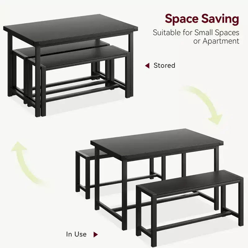 Ensemble de table à manger pour 4 personnes, table de cuisine avec bancs, ensemble de table à manger rectangulaire avec 2 bancs en métal et bois, pour petits espaces, appartements, studios