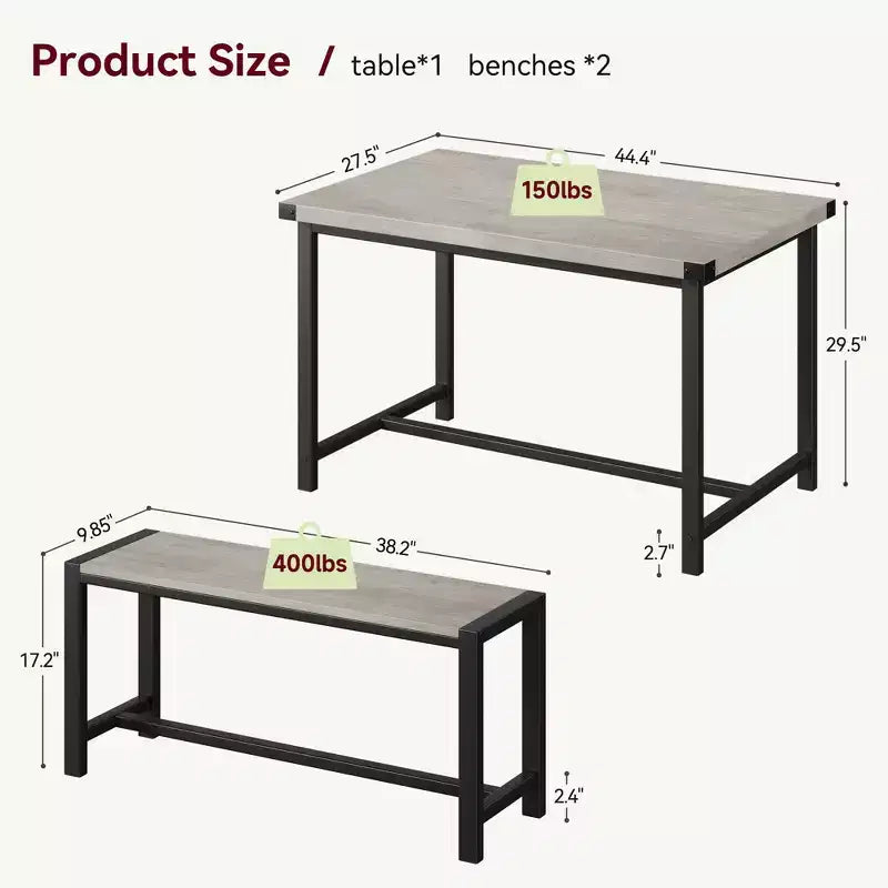 Ensemble de table à manger pour 4 personnes, table de cuisine avec bancs, ensemble de table à manger rectangulaire avec 2 bancs en métal et bois, pour petits espaces, appartements, studios