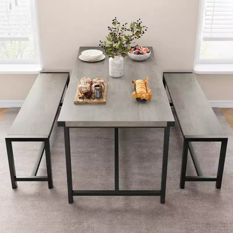 Ensemble de table à manger pour 4 personnes, table de cuisine avec bancs, ensemble de table à manger rectangulaire avec 2 bancs en métal et bois, pour petits espaces, appartements, studios
