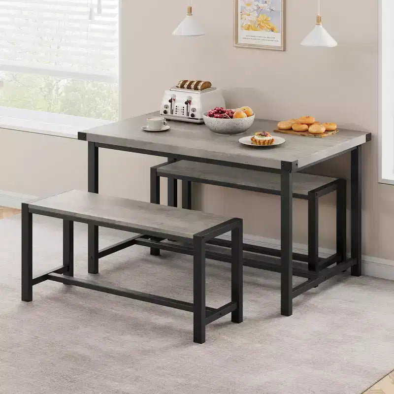Ensemble de table à manger pour 4 personnes, table de cuisine avec bancs, ensemble de table à manger rectangulaire avec 2 bancs en métal et bois, pour petits espaces, appartements, studios
