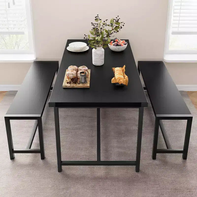 Ensemble de table à manger pour 4 personnes, table de cuisine avec bancs, ensemble de table à manger rectangulaire avec 2 bancs en métal et bois, pour petits espaces, appartements, studios