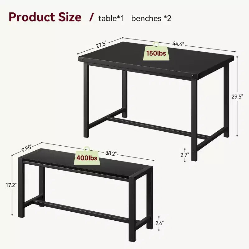 Ensemble de table à manger pour 4 personnes, table de cuisine avec bancs, ensemble de table à manger rectangulaire avec 2 bancs en métal et bois, pour petits espaces, appartements, studios