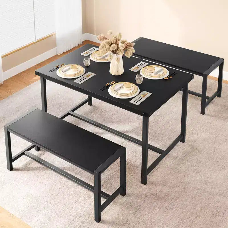Ensemble de table à manger pour 4 personnes, table de cuisine avec bancs, ensemble de table à manger rectangulaire avec 2 bancs en métal et bois, pour petits espaces, appartements, studios