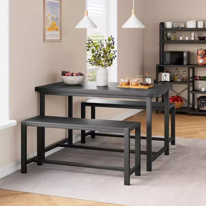 Ensemble de table à manger pour 4 personnes, table de cuisine avec bancs, ensemble de table à manger rectangulaire avec 2 bancs en métal et bois, pour petits espaces, appartements, studios