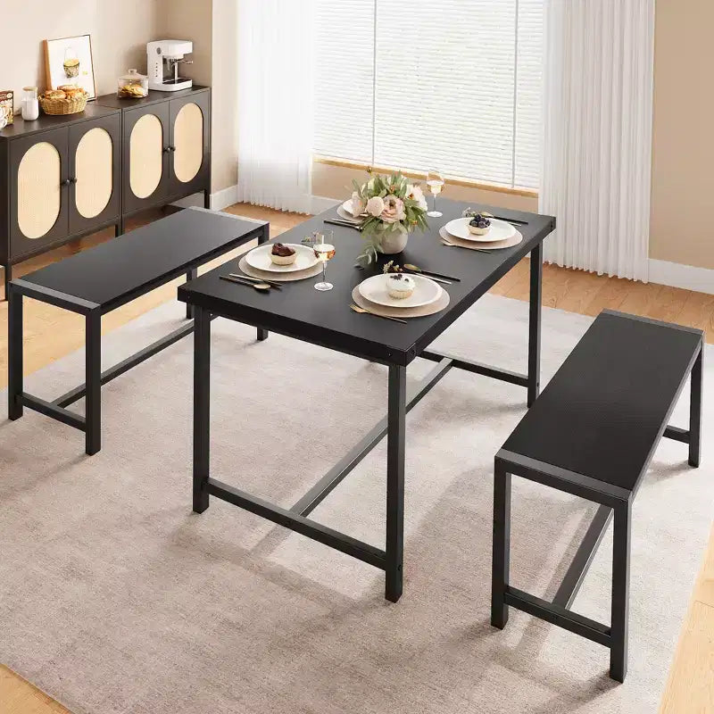 Ensemble de table à manger pour 4 personnes, table de cuisine avec bancs, ensemble de table à manger rectangulaire avec 2 bancs en métal et bois, pour petits espaces, appartements, studios