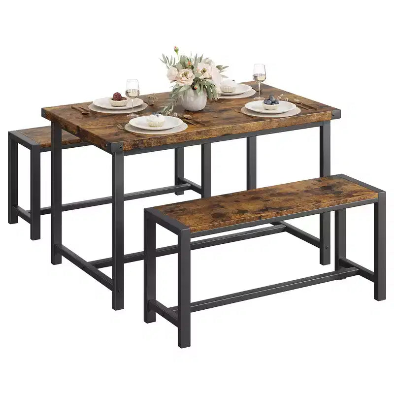 Ensemble de table à manger pour 4 personnes, table de cuisine avec bancs, ensemble de table à manger rectangulaire avec 2 bancs en métal et bois, pour petits espaces, appartements, studios