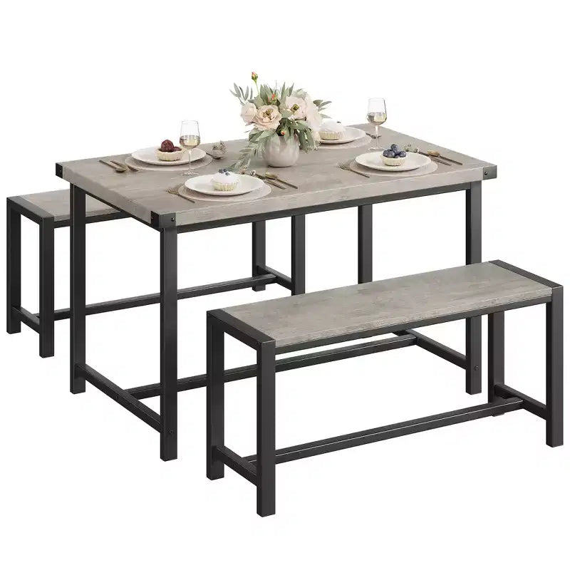 Ensemble de table à manger pour 4 personnes, table de cuisine avec bancs, ensemble de table à manger rectangulaire avec 2 bancs en métal et bois, pour petits espaces, appartements, studios