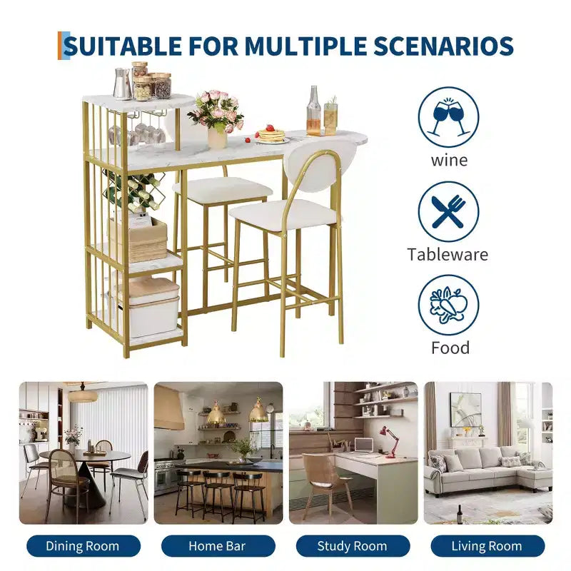 Ensemble table de bar et 2 tabourets 3 pièces, table de cuisine extensible avec 2 tabourets, ensemble table et chaises de bar hauteur comptoir avec étagère de rangement et casier à vin, doré