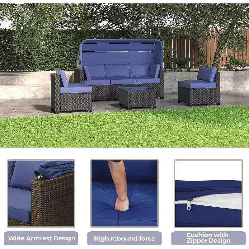 Ensemble de canapés modulaires de patio 4 pièces, lit de jour en rotin PE, chaise longue d'extérieur en osier, dossier réglable, pour la piscine, le jardin