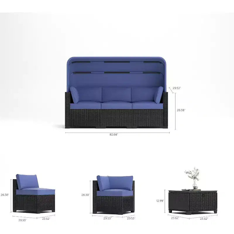 Ensemble de canapés modulaires de patio 4 pièces, lit de jour en rotin PE, chaise longue d'extérieur en osier, dossier réglable, pour la piscine, le jardin
