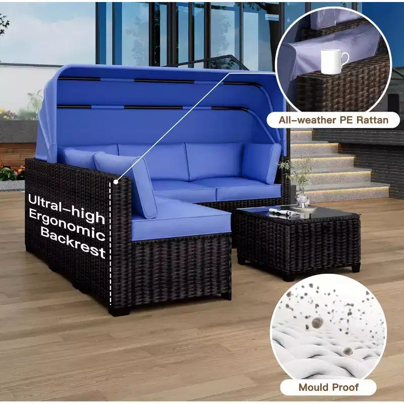 Ensemble de canapés modulaires de patio 4 pièces, lit de jour en rotin PE, chaise longue d'extérieur en osier, dossier réglable, pour la piscine, le jardin