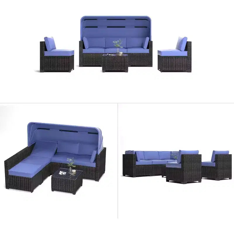 Ensemble de canapés modulaires de patio 4 pièces, lit de jour en rotin PE, chaise longue d'extérieur en osier, dossier réglable, pour la piscine, le jardin