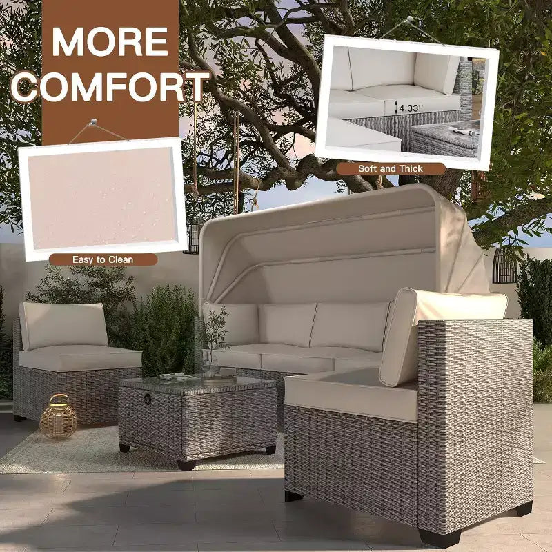 Ensemble de canapés modulaires de patio 4 pièces, lit de jour en rotin PE, chaise longue d'extérieur en osier, dossier réglable, pour la piscine, le jardin