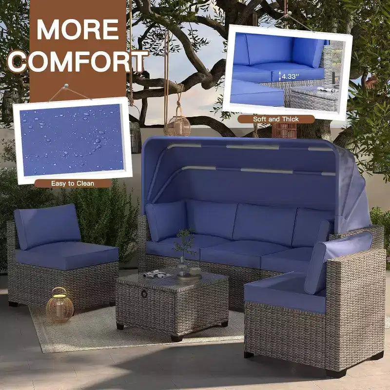 Ensemble de canapés modulaires de patio 4 pièces, lit de jour en rotin PE, chaise longue d'extérieur en osier, dossier réglable, pour la piscine, le jardin