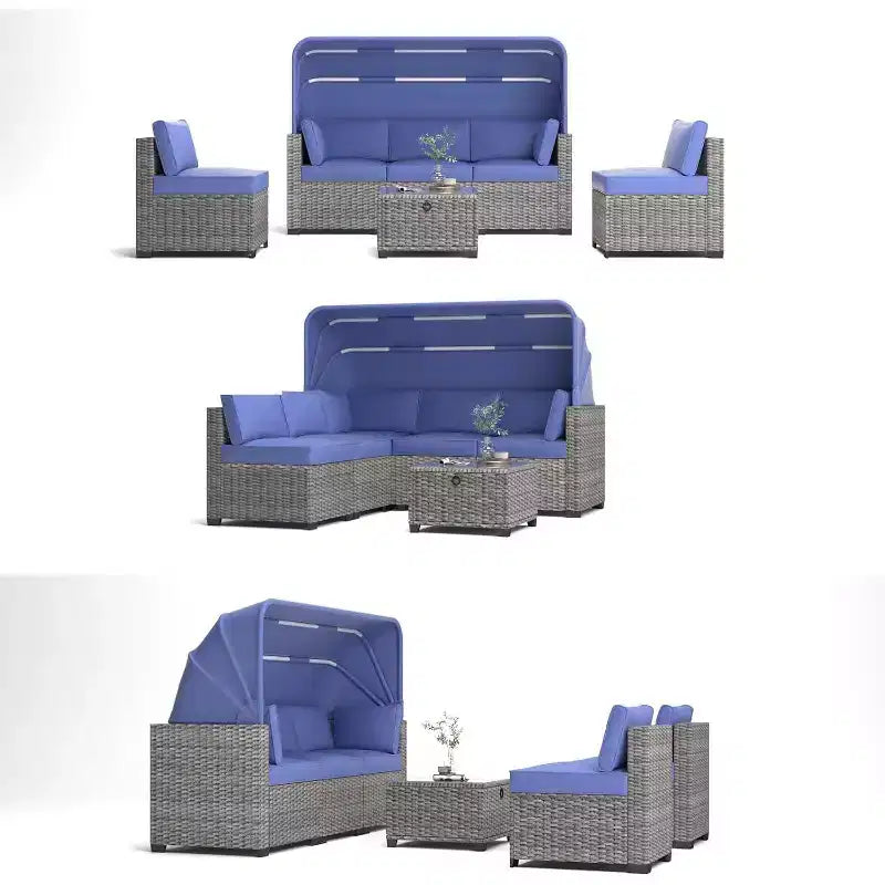 Ensemble de canapés modulaires de patio 4 pièces, lit de jour en rotin PE, chaise longue d'extérieur en osier, dossier réglable, pour la piscine, le jardin