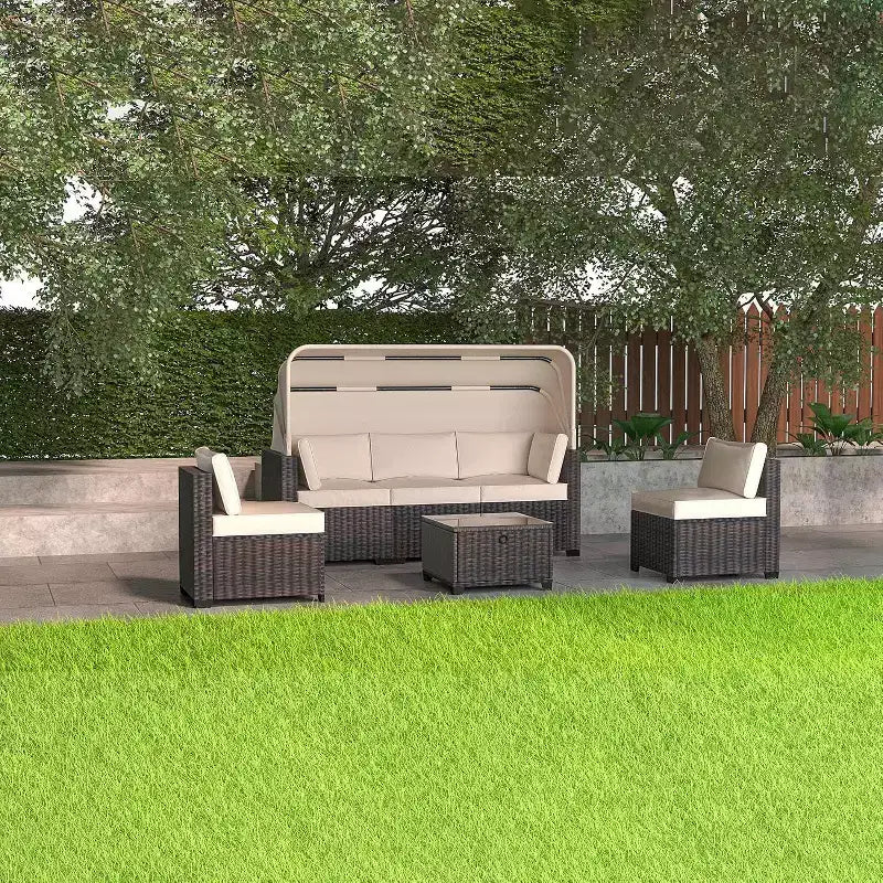 Ensemble de canapés modulaires de patio 4 pièces, lit de jour en rotin PE, chaise longue d'extérieur en osier, dossier réglable, pour la piscine, le jardin