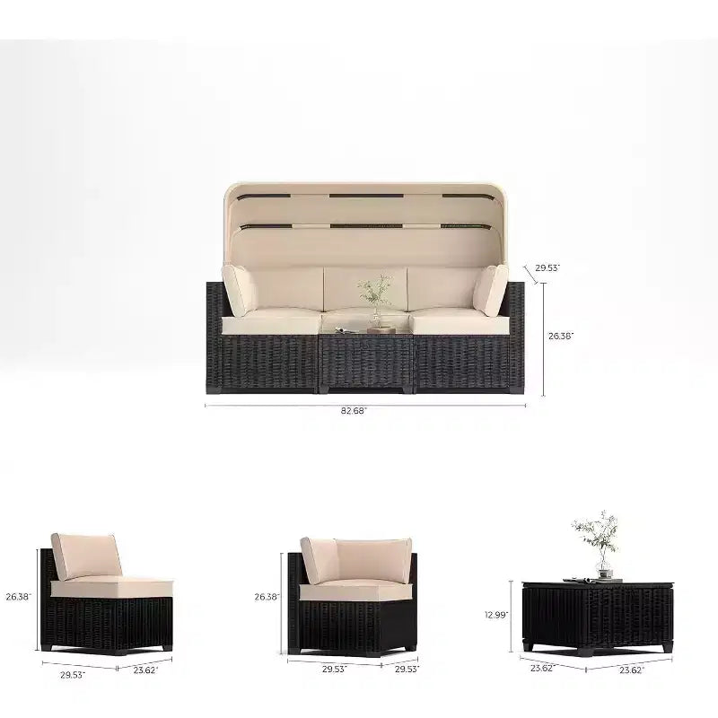 Ensemble de canapés modulaires de patio 4 pièces, lit de jour en rotin PE, chaise longue d'extérieur en osier, dossier réglable, pour la piscine, le jardin