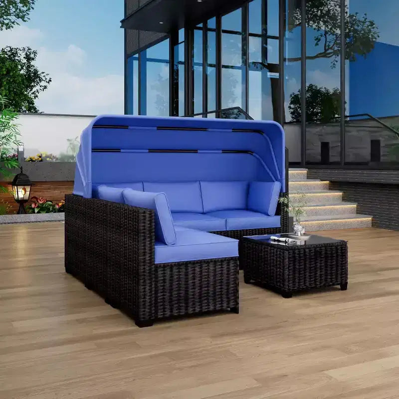 Ensemble de canapés modulaires de patio 4 pièces, lit de jour en rotin PE, chaise longue d'extérieur en osier, dossier réglable, pour la piscine, le jardin