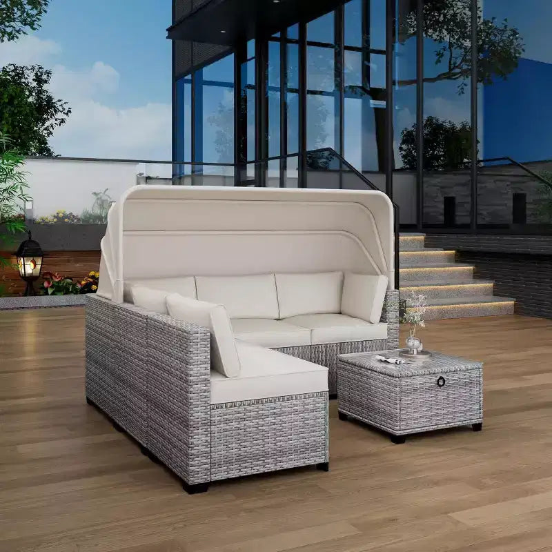Ensemble de canapés modulaires de patio 4 pièces, lit de jour en rotin PE, chaise longue d'extérieur en osier, dossier réglable, pour la piscine, le jardin